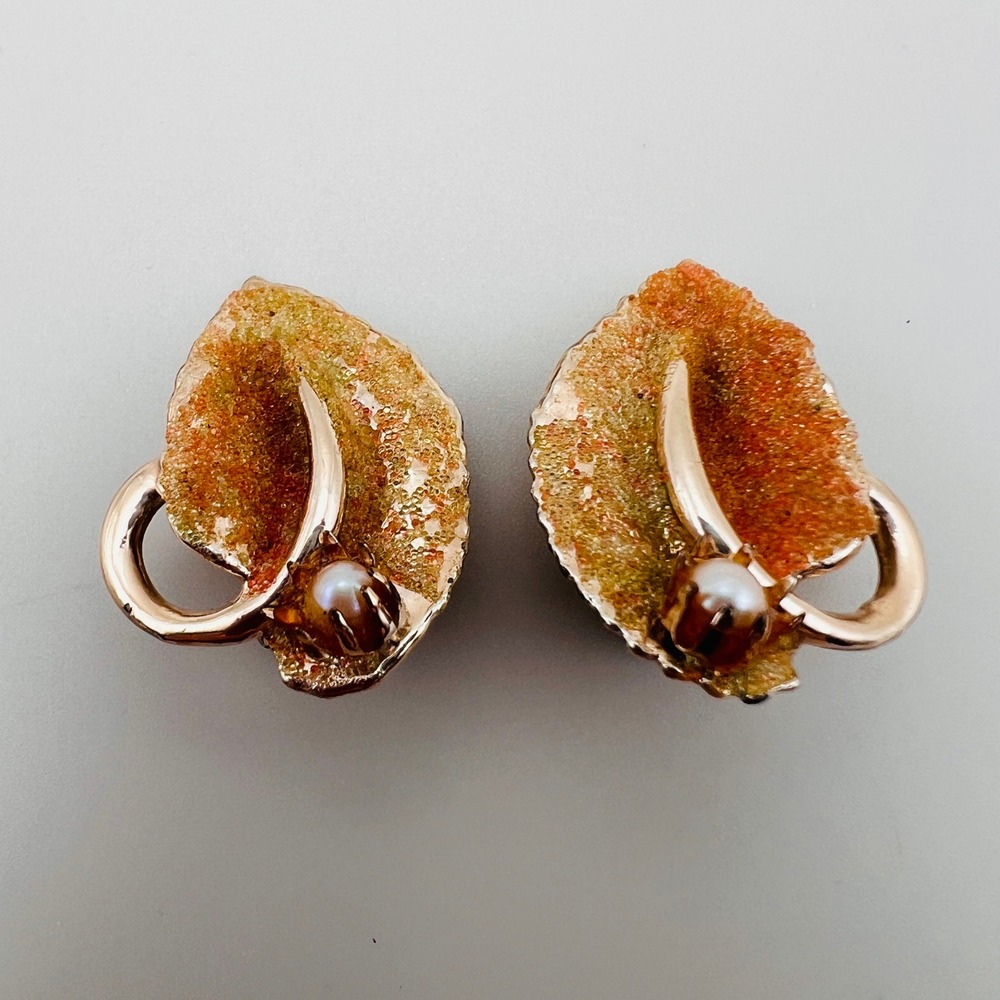 Vintage Orange Druzy Style Leaf Clip On Earrings with Pearl Accent Gold Tone